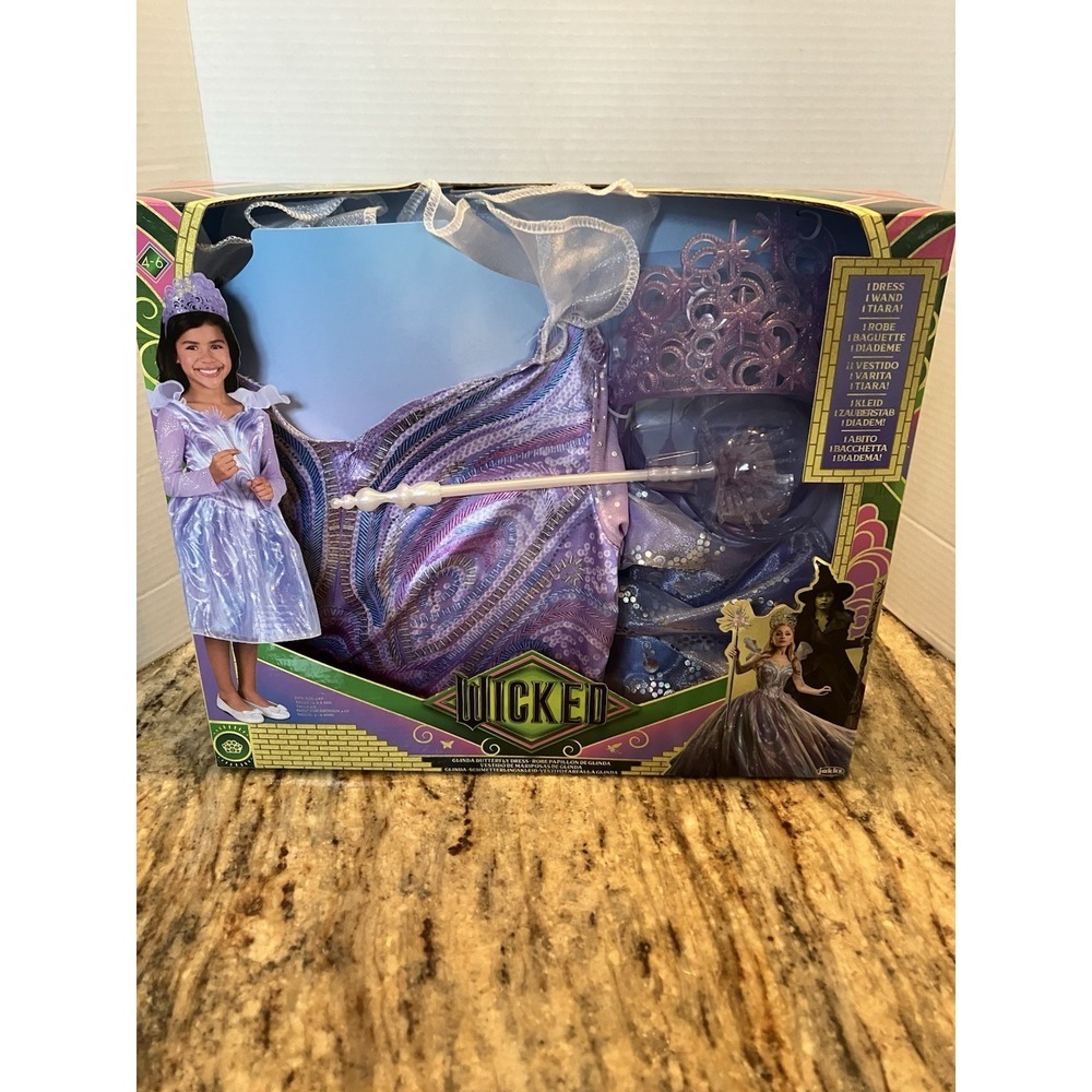 NIB Wicked Glinda Butterfly Dress Wand Tiara Size 4-6X Purple Halloween Costume